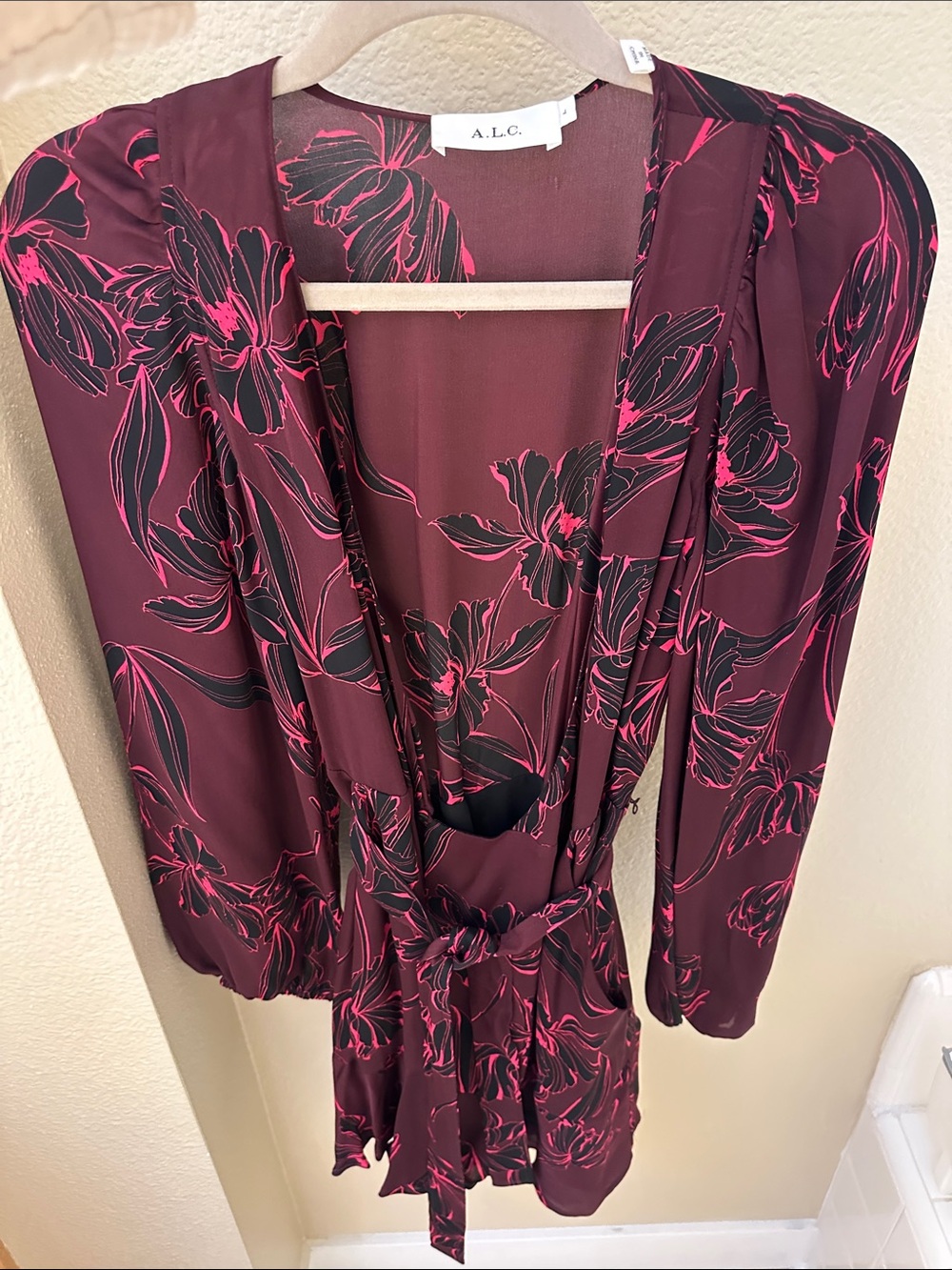 A.L.C. Burgundy Floral Wrap Dress with Pink Accents